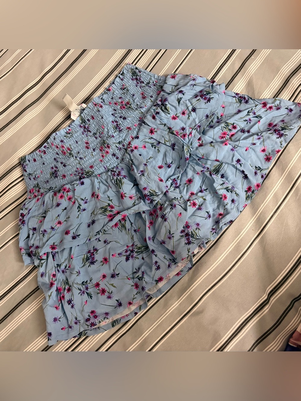 Used Blue Floral Smocked Ruffle Mini Skirt